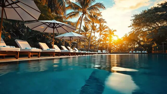 Serene poolside lounge chairs at sunset with palm trees and lush greenery, creating a tranquil and inviting atmosphere
