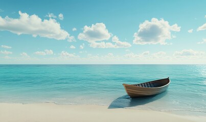Naklejka premium Serene beach scene with a single wooden boat resting on calm turquoise waters, soft white clouds drifting across a bright blue sk.