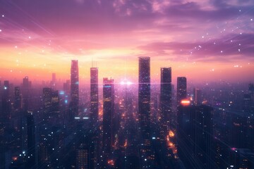 futuristic cityscape at dusk with holographic 5g network visualization, glowing data streams connecting sleek skyscrapers under a purple-orange sky