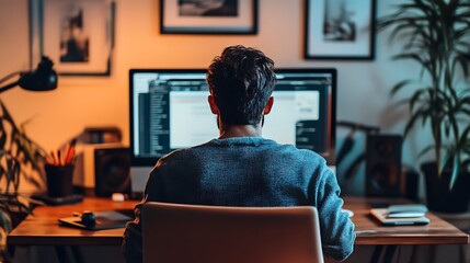 Fototapeta premium Night Work: A programmer diligently codes late at night in his home office, illuminated by warm lamplight.