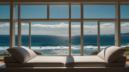 Room window with a view of the bright sea landscape in the morning