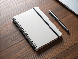 Minimalist notebook with pen on wooden desk, organized mood, featuring soft diffused lighting, copy space