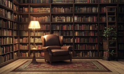 Serene library corner with tall bookshelves filled with vintage books, a cozy armchair, and soft lamplight adding warmt