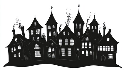 Fototapeta premium Silhouetted town, Halloween, spooky, design, illustration