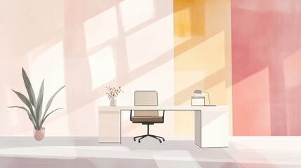 Contemporary workspace with desk chair plant and sunlight streams