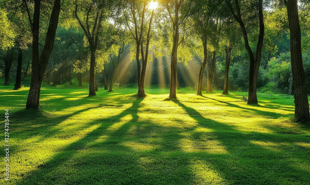 Poster serene morning in a forest clearing, soft sunlight filtering through the trees and casting long shad