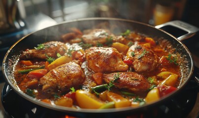 Pan of sizzling vegetables and chicken cooked with aromatic spices on a stovetop, creating a vibrant culinary experience.