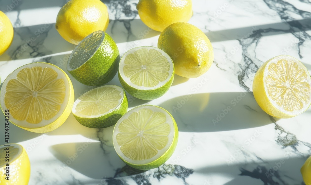 Poster set of fresh limes and lemons sliced and arranged on a marble surface, vibrant citrus tones creating