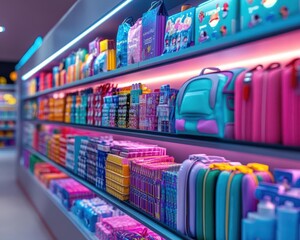 Back-to-school shopping supplies with glowing AR product information, bright retail display, vibrant colors, photorealistic
