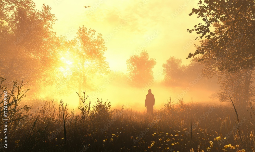 Poster silhouette of a person standing in a misty forest at dawn, with soft golden light filtering through 