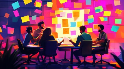 A vibrant collaborative meeting with sticky notes on a wall