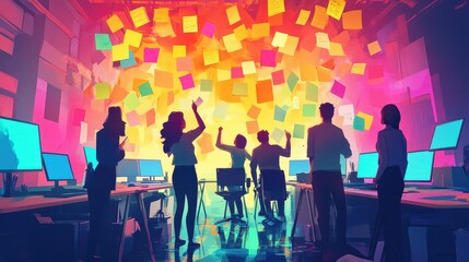 Brainstorming session in a modern office with sticky notes