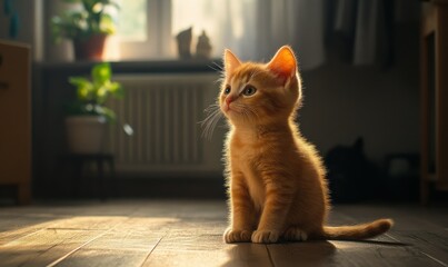 Small orange kitten sitting on a wooden floor, playful expression and soft fur illuminated by natural daylight from a nearby window.