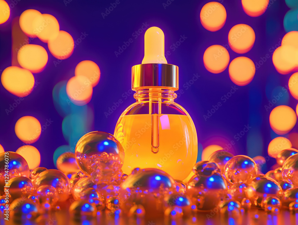 Poster vibrant image of serum bottle with dropper surrounded by glowing bubbles, set against colorful bokeh