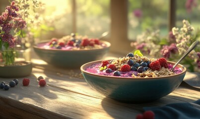 Vibrant smoothie bowls topped with fresh berries and granola, served on a wooden table with natural light pouring i