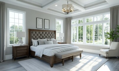 Spacious bedroom with soft gray tones, a wooden bedframe, and large windows letting in bright natural light.