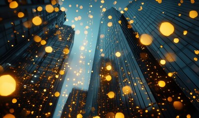 Vibrant string lights reflecting off the surface of a modern glass skyscraper at night, creating a lively urban scene.