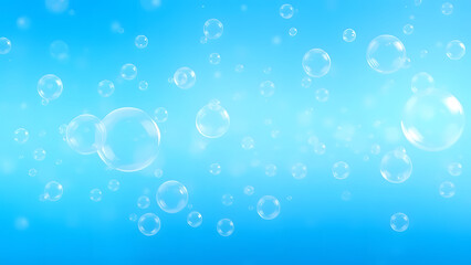 Clear, transparent water droplets glisten on a cool blue background
