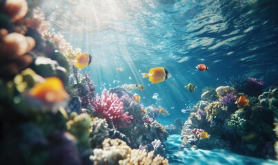 Naklejka premium Vibrant underwater scene showcasing colorful fish swimming amidst coral reefs, sunlight filtering through the clear blue water adding dept