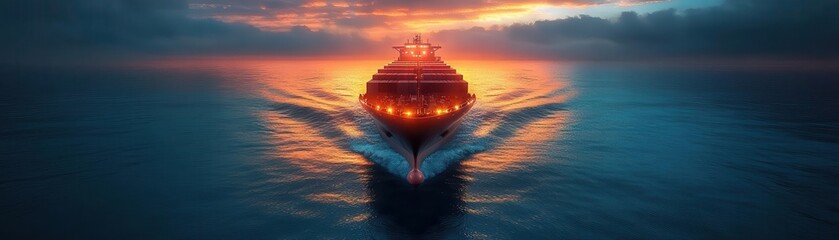 Fototapeta premium Cargo ship at sea with glowing AR container tracking data, vibrant ocean setting, soft natural lighting, photorealistic