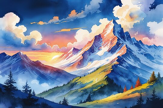 Tranquil Watercolor Vector Mountain Sunrise Landscape with Clouds