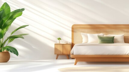 Serene Minimalist Bedroom Design with Wooden Bed and Plant