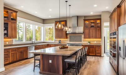 Spacious open-plan kitchen with sleek countertops, wooden cabinetry, and pendant lights casting warm tones.