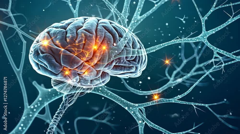 Poster brain connected to neural pathways and glowing synapses