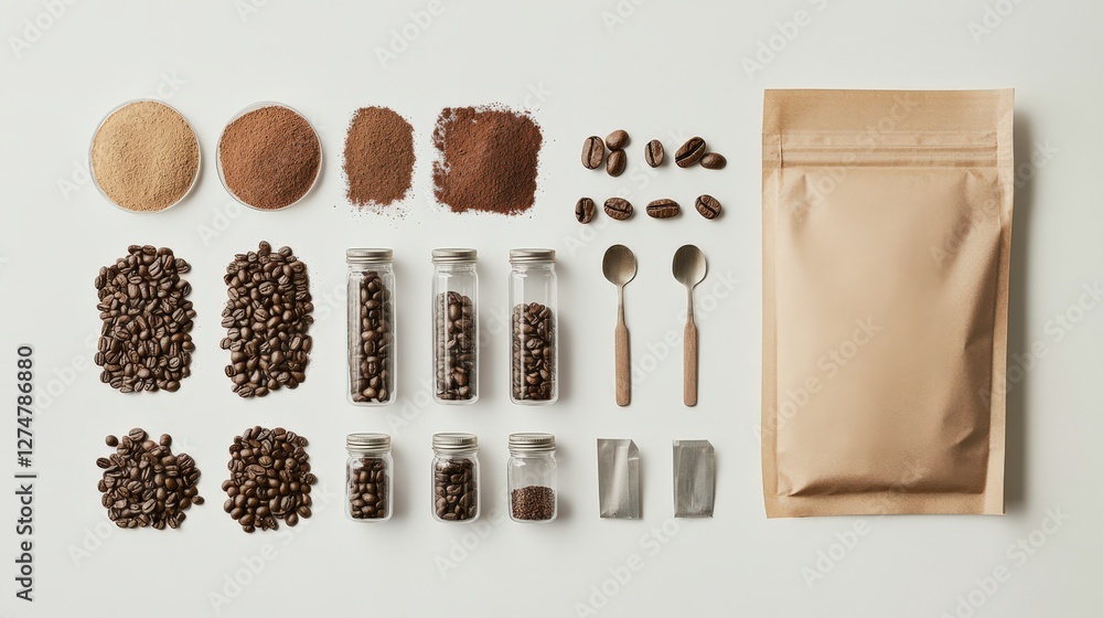 Poster various types of coffee beans and grounds arranged neatly with measuring spoons and packaging