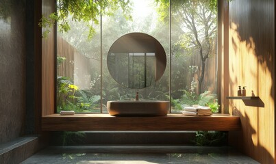 Stylish bathroom with a floating wooden vanity, round mirror, and large windows offering a view of a serene courtyard.