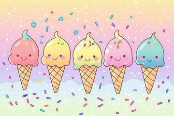 Five adorable cartoon ice cream cones smile in pastel hues