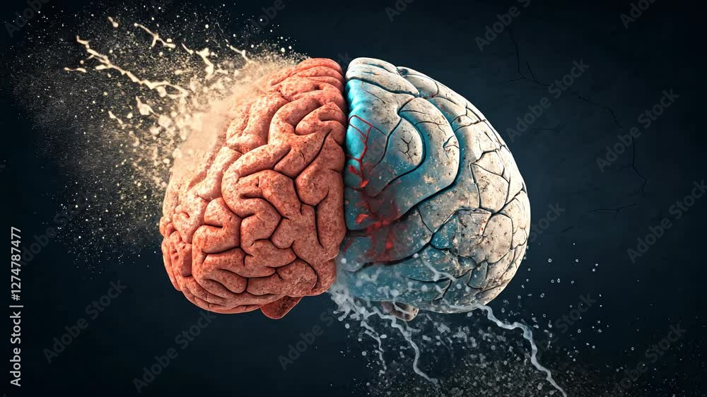Poster brain split with contrasting colors and dynamic liquid effect