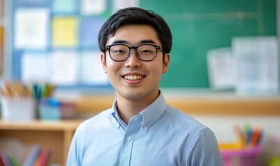Smiling person wearing glasses, standing in cheerful classroom environment.