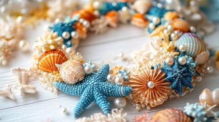 Fototapeta premium An ocean-inspired necklace with seashell and pearl elements, placed on white
