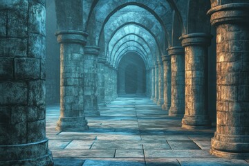 Mystical stone hallway, arched ceilings, ethereal light.