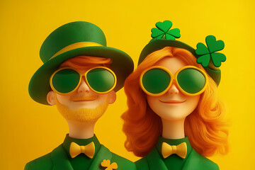 Fototapeta premium Cheerful couple dressed in festive green attire with sunglasses and shamrocks against a bright yellow backdrop
