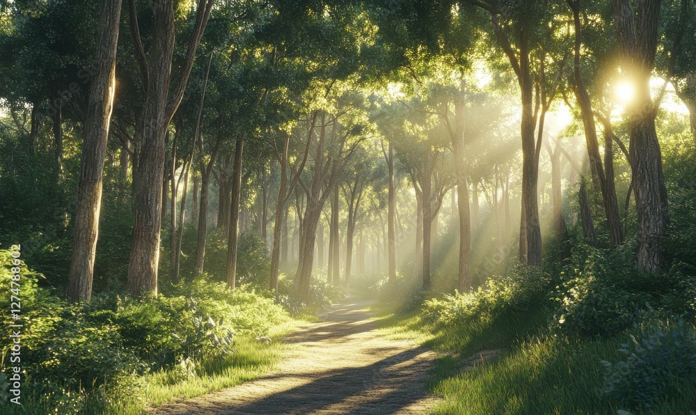 Poster tranquil forest trail with tall trees casting soft shadows, golden sunlight filtering through the ca