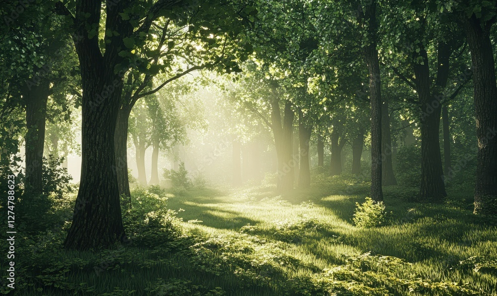 Poster tranquil forest scene with sunlight filtering through tall trees, soft green hues creating a calming