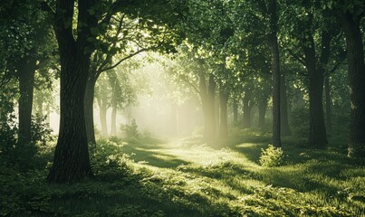 Obraz premium Tranquil forest scene with sunlight filtering through tall trees, soft green hues creating a calming atmospher