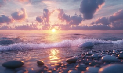 Tranquil ocean scene with gentle waves washing over smooth pebbles, soft evening light creating a serene moo