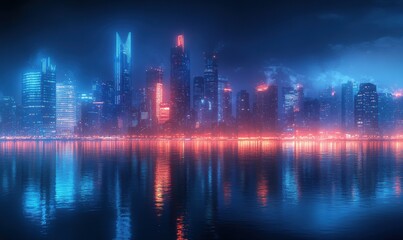 Obraz premium Urban skyline at night illuminated by glowing city lights reflecting on the calm river below, soft blue and orange tones creating a dynamic contras