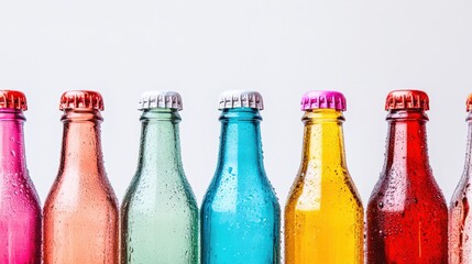 Colorful assortment of beverage bottles with condensation, showcasing variety and freshness