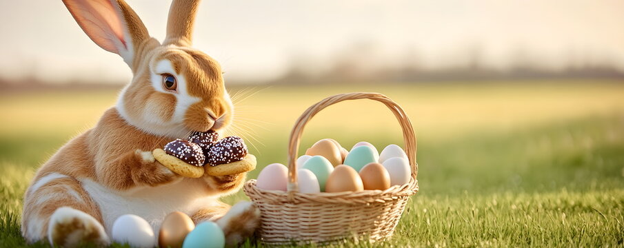 A beige Easter bunny sits next to a basket of eggs on a grassy meadow on a sunny day and eats. The basket is brown and wicker. He holds and eats colorful eggs and tasty sweet treats on the green grass
