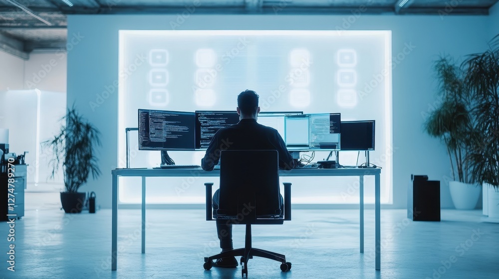Poster man sits at desk with multiple computer screens coding