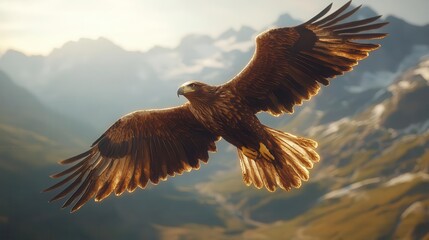 Eagle soaring over a valley with glowing AR flight path display, dynamic motion, soft natural lighting, photorealistic