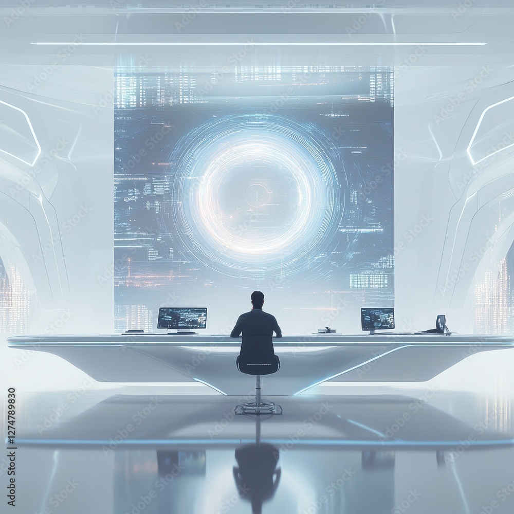 Poster man sits at desk monitoring digital data visualization screen