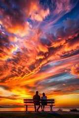 Dramatic Sunset Sky with Silhouetted Figures on Bench Overlooking a Distant Cityscape