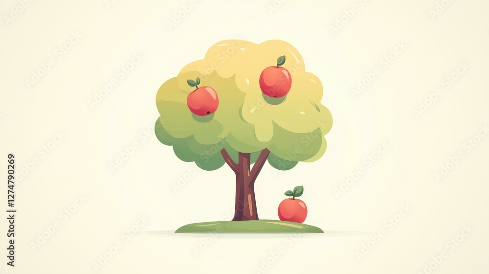 Poster a minimalist 2d vector of a simple apple tree, featuring clean lines and bright apples against a pla