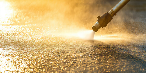 Closeup pressure washing drive way. High-pressure water jet for cleaning the driveway at the cottage.