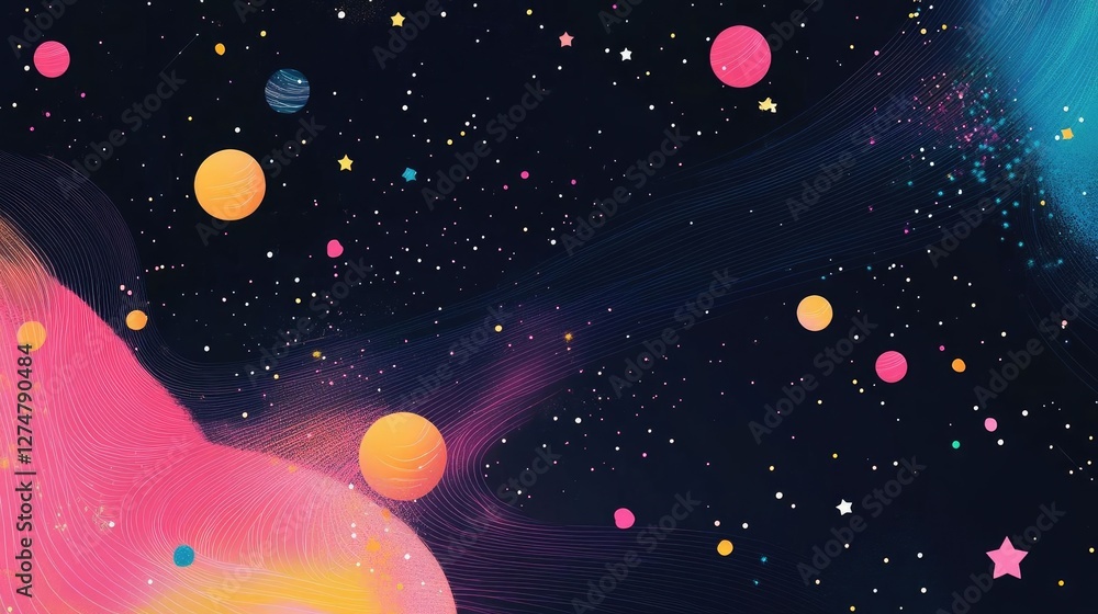 Poster whimsical flat style cosmic vector space background with charming stars and playful galaxy elements 